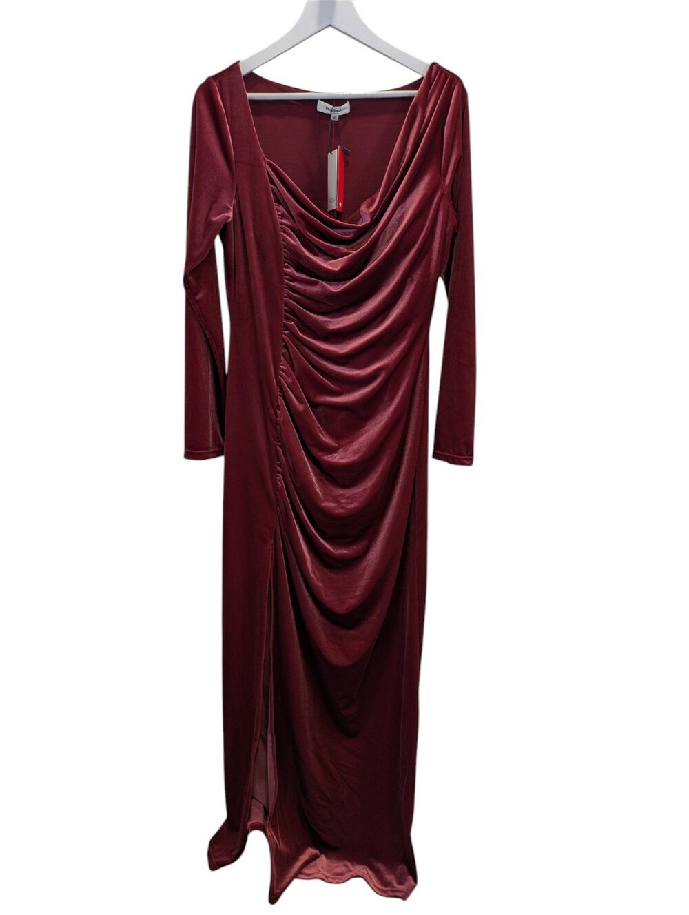 NEW Popilush Velvet Draped Long Sleeve Sculpting Column Gown XL Red High Slit